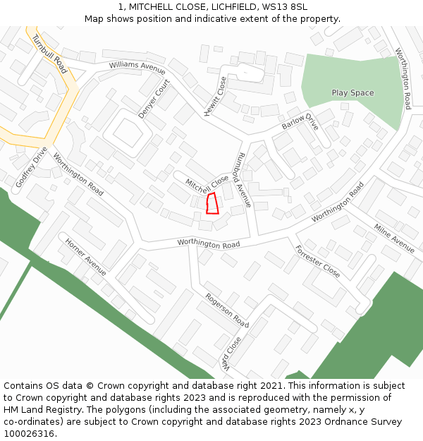 1, MITCHELL CLOSE, LICHFIELD, WS13 8SL: Location map and indicative extent of plot