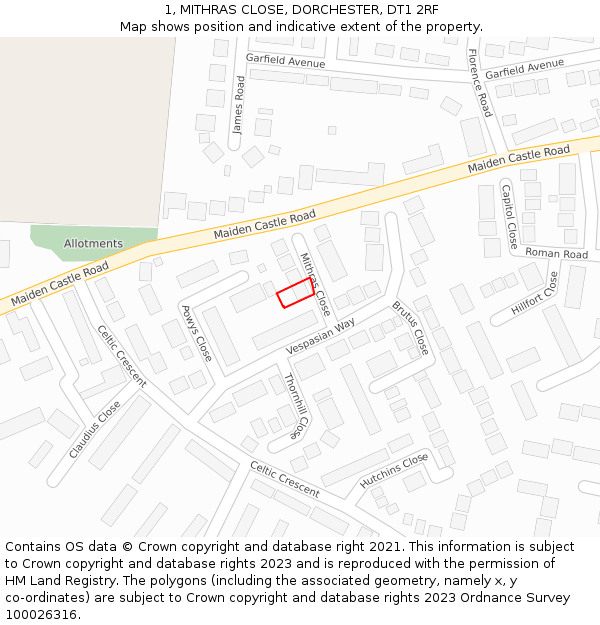 1, MITHRAS CLOSE, DORCHESTER, DT1 2RF: Location map and indicative extent of plot