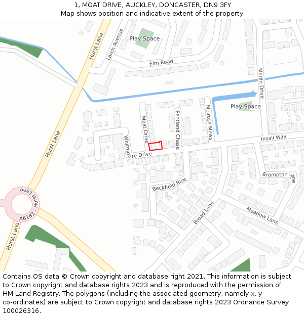 1, MOAT DRIVE, AUCKLEY, DONCASTER, DN9 3FY: Location map and indicative extent of plot