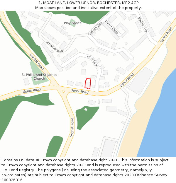 1, MOAT LANE, LOWER UPNOR, ROCHESTER, ME2 4GP: Location map and indicative extent of plot