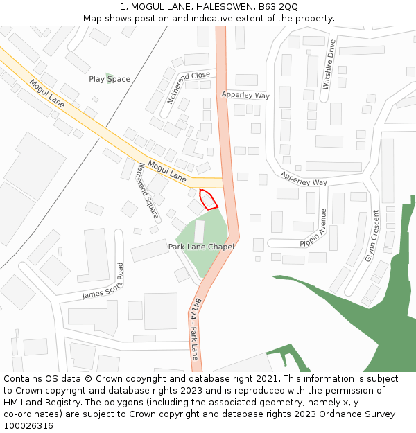 1, MOGUL LANE, HALESOWEN, B63 2QQ: Location map and indicative extent of plot