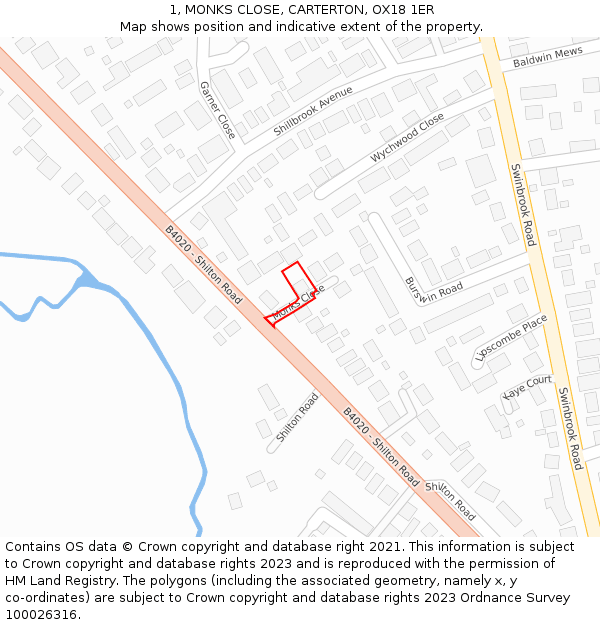 1, MONKS CLOSE, CARTERTON, OX18 1ER: Location map and indicative extent of plot