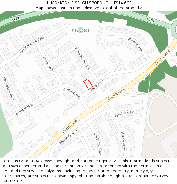 1, MONKTON RISE, GUISBOROUGH, TS14 6GF: Location map and indicative extent of plot