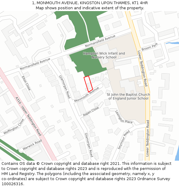 1, MONMOUTH AVENUE, KINGSTON UPON THAMES, KT1 4HR: Location map and indicative extent of plot