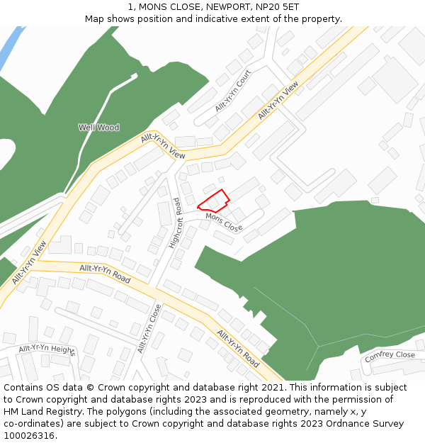 1, MONS CLOSE, NEWPORT, NP20 5ET: Location map and indicative extent of plot