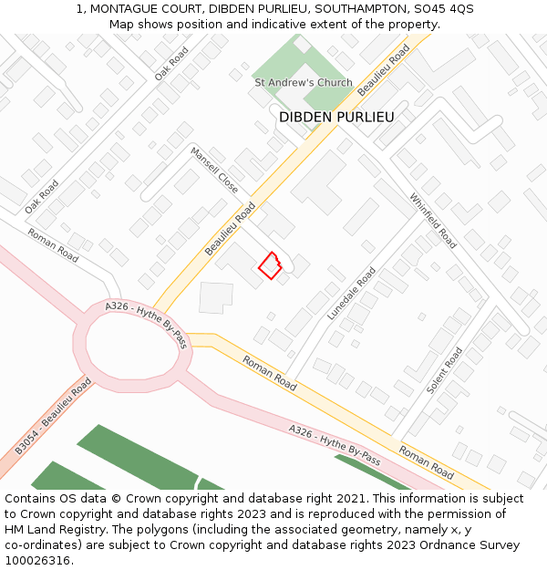 1, MONTAGUE COURT, DIBDEN PURLIEU, SOUTHAMPTON, SO45 4QS: Location map and indicative extent of plot