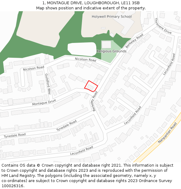1, MONTAGUE DRIVE, LOUGHBOROUGH, LE11 3SB: Location map and indicative extent of plot