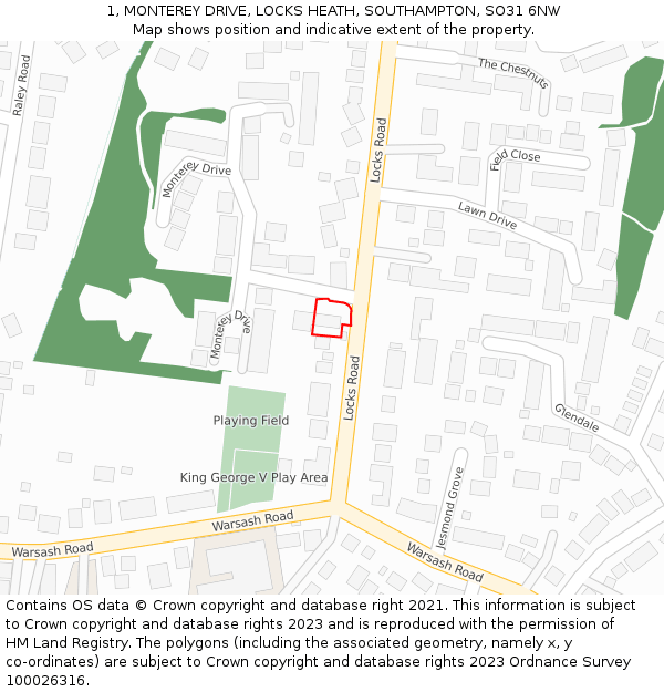 1, MONTEREY DRIVE, LOCKS HEATH, SOUTHAMPTON, SO31 6NW: Location map and indicative extent of plot