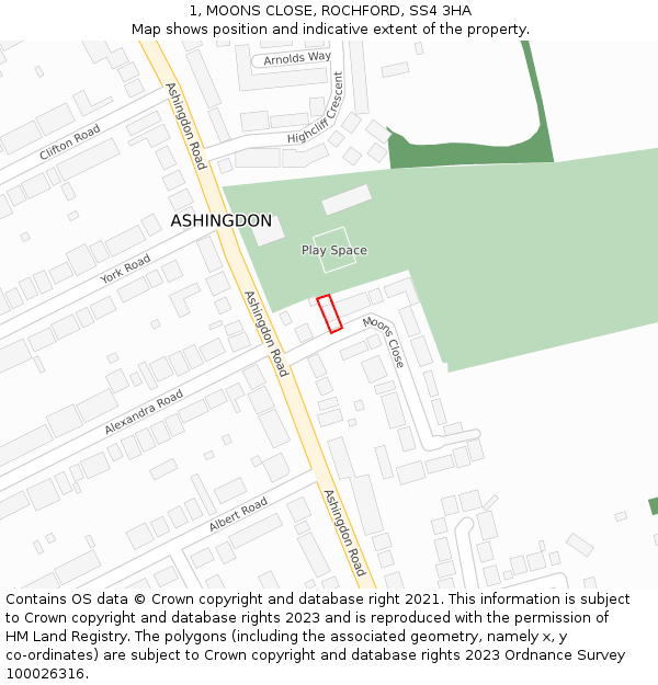 1, MOONS CLOSE, ROCHFORD, SS4 3HA: Location map and indicative extent of plot