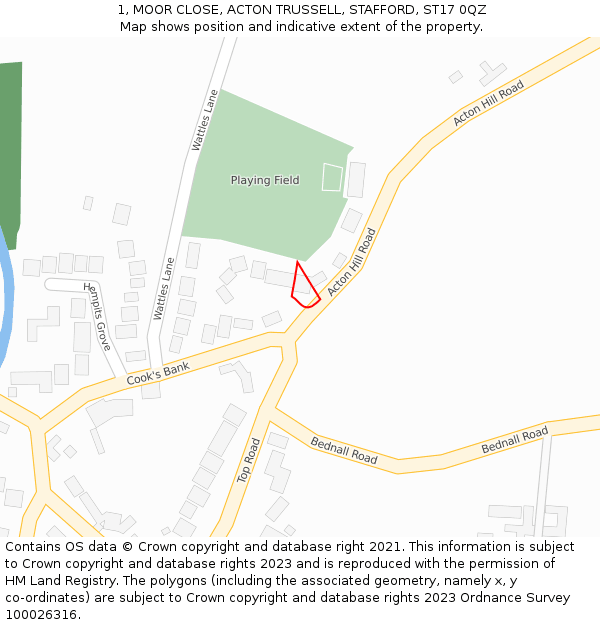1, MOOR CLOSE, ACTON TRUSSELL, STAFFORD, ST17 0QZ: Location map and indicative extent of plot