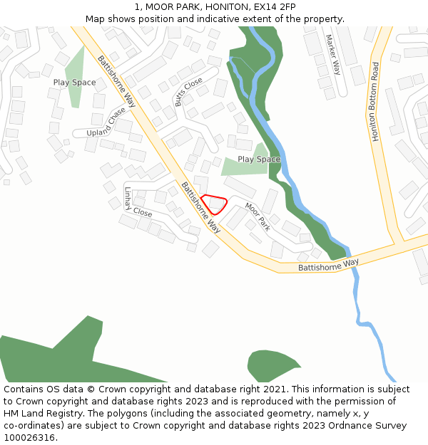 1, MOOR PARK, HONITON, EX14 2FP: Location map and indicative extent of plot