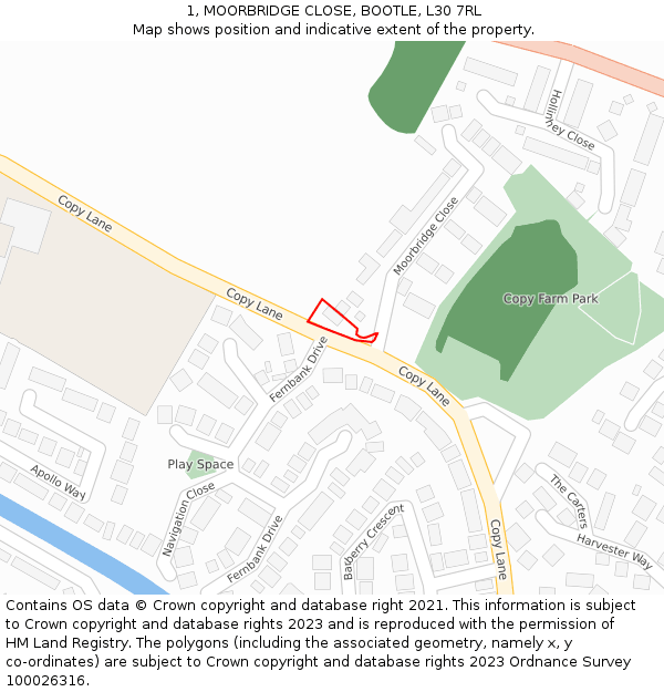 1, MOORBRIDGE CLOSE, BOOTLE, L30 7RL: Location map and indicative extent of plot