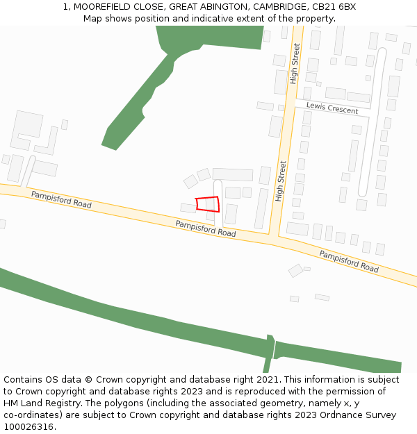 1, MOOREFIELD CLOSE, GREAT ABINGTON, CAMBRIDGE, CB21 6BX: Location map and indicative extent of plot