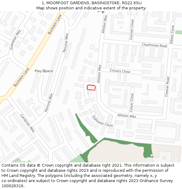 1, MOORFOOT GARDENS, BASINGSTOKE, RG22 6SU: Location map and indicative extent of plot