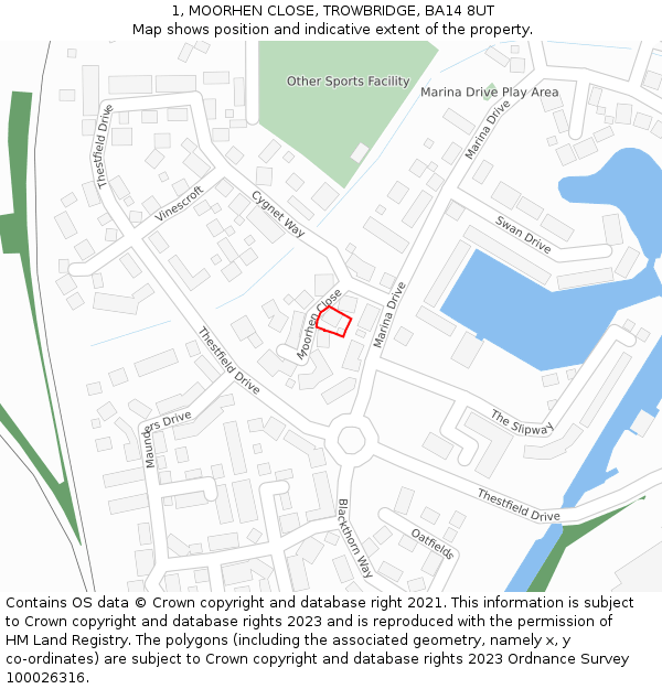 1, MOORHEN CLOSE, TROWBRIDGE, BA14 8UT: Location map and indicative extent of plot