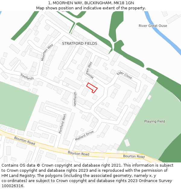 1, MOORHEN WAY, BUCKINGHAM, MK18 1GN: Location map and indicative extent of plot