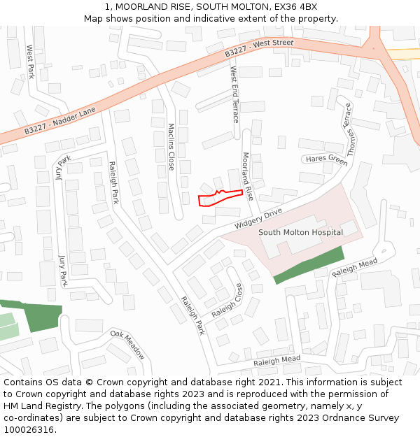 1, MOORLAND RISE, SOUTH MOLTON, EX36 4BX: Location map and indicative extent of plot