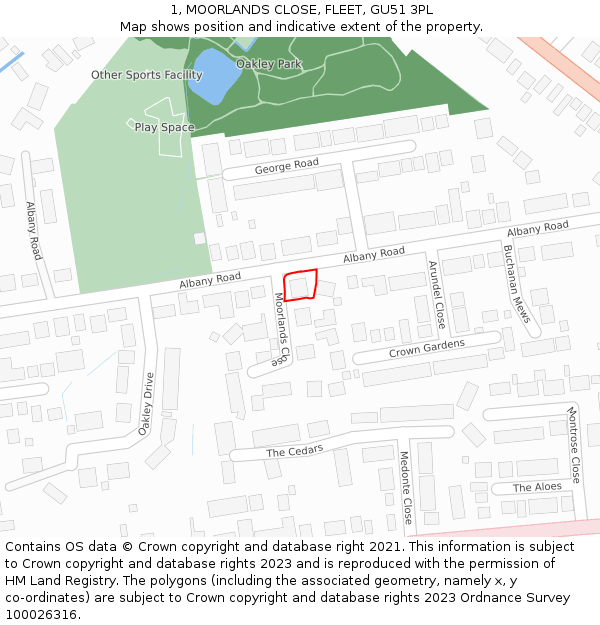 1, MOORLANDS CLOSE, FLEET, GU51 3PL: Location map and indicative extent of plot