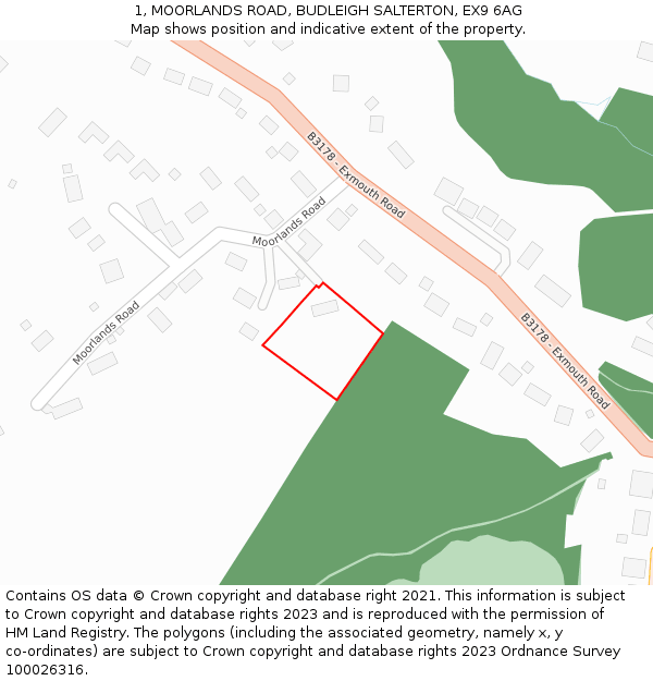 1, MOORLANDS ROAD, BUDLEIGH SALTERTON, EX9 6AG: Location map and indicative extent of plot