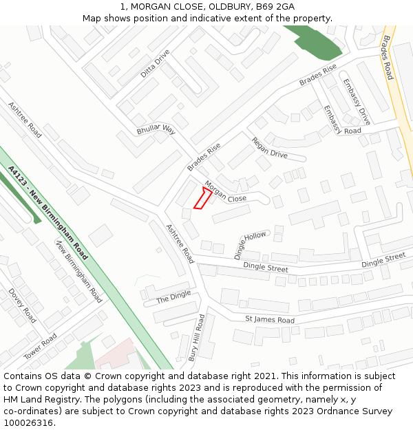 1, MORGAN CLOSE, OLDBURY, B69 2GA: Location map and indicative extent of plot