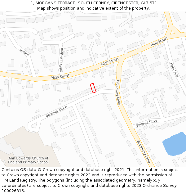 1, MORGANS TERRACE, SOUTH CERNEY, CIRENCESTER, GL7 5TF: Location map and indicative extent of plot