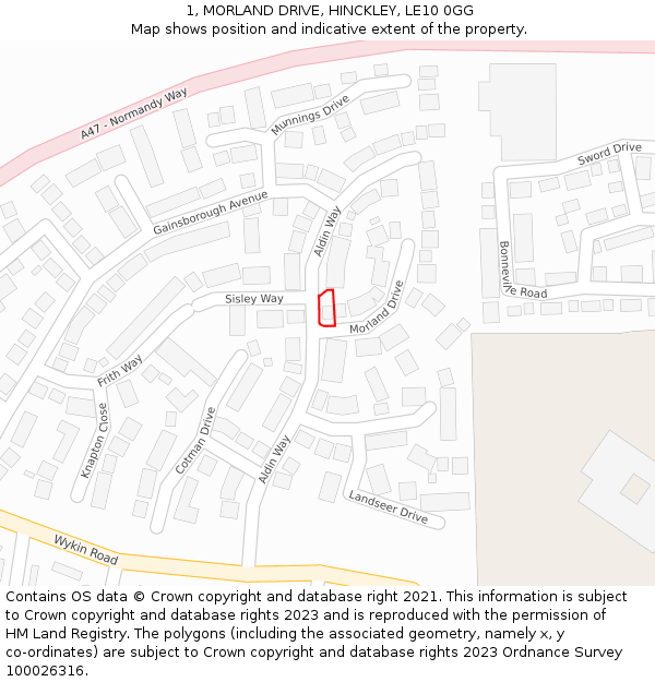 1, MORLAND DRIVE, HINCKLEY, LE10 0GG: Location map and indicative extent of plot