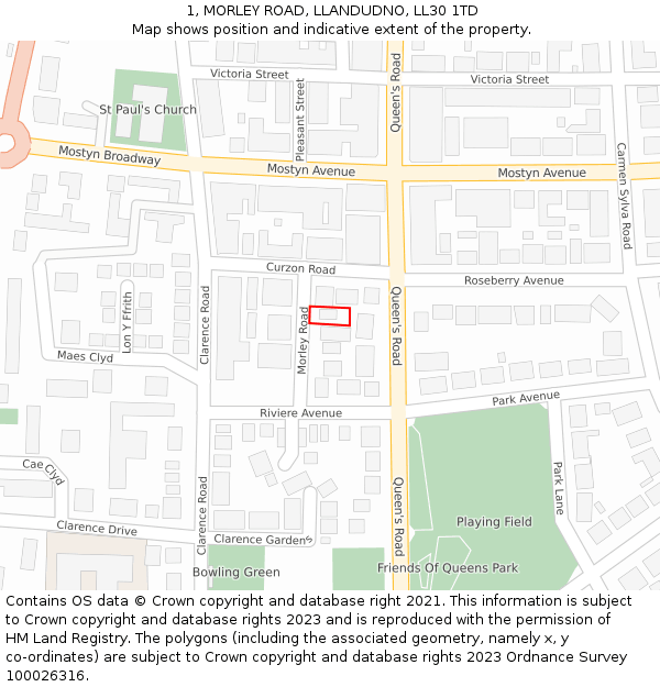 1, MORLEY ROAD, LLANDUDNO, LL30 1TD: Location map and indicative extent of plot