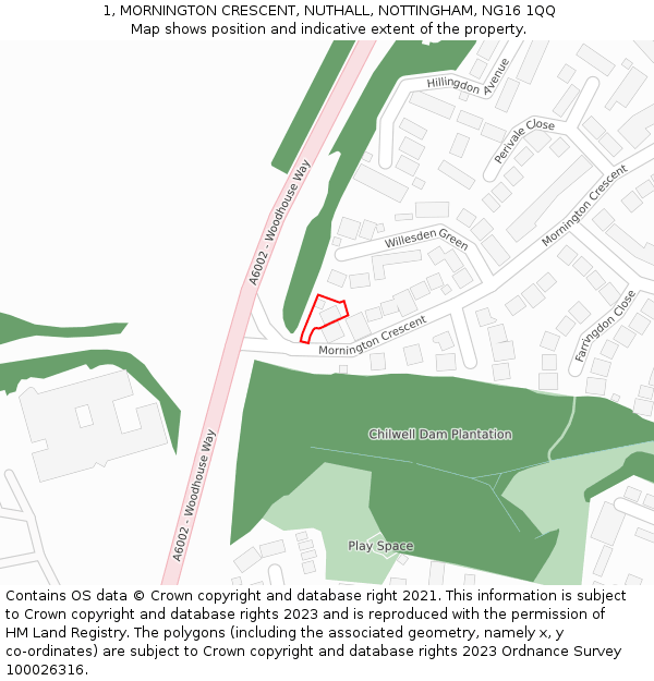 1, MORNINGTON CRESCENT, NUTHALL, NOTTINGHAM, NG16 1QQ: Location map and indicative extent of plot