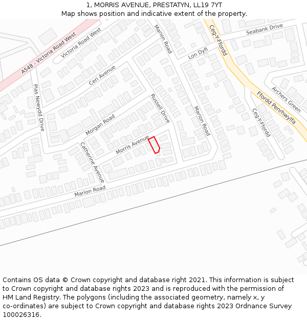 1, MORRIS AVENUE, PRESTATYN, LL19 7YT: Location map and indicative extent of plot