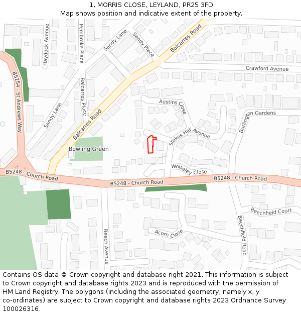 1, MORRIS CLOSE, LEYLAND, PR25 3FD: Location map and indicative extent of plot