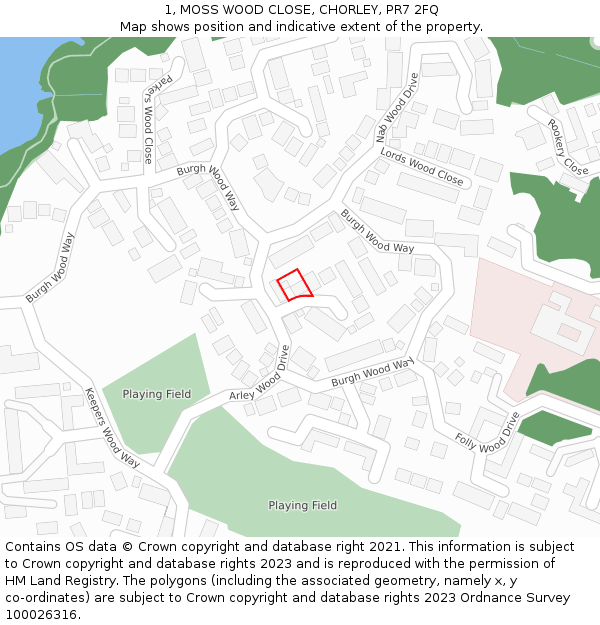 1, MOSS WOOD CLOSE, CHORLEY, PR7 2FQ: Location map and indicative extent of plot