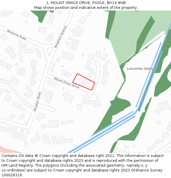 1, MOUNT GRACE DRIVE, POOLE, BH14 8NB: Location map and indicative extent of plot