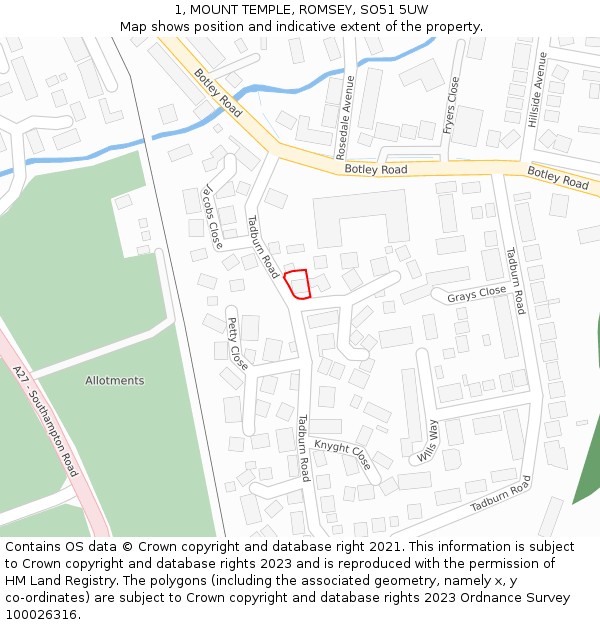 1, MOUNT TEMPLE, ROMSEY, SO51 5UW: Location map and indicative extent of plot