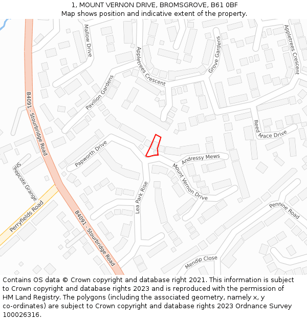 1, MOUNT VERNON DRIVE, BROMSGROVE, B61 0BF: Location map and indicative extent of plot