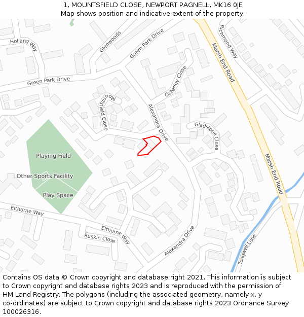 1, MOUNTSFIELD CLOSE, NEWPORT PAGNELL, MK16 0JE: Location map and indicative extent of plot