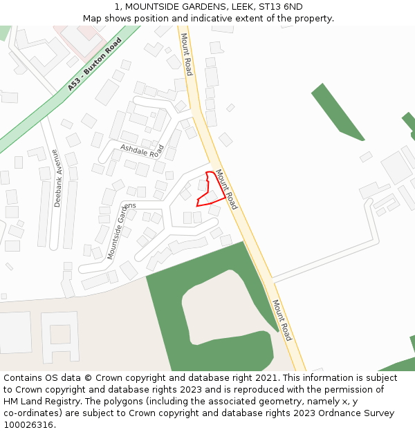 1, MOUNTSIDE GARDENS, LEEK, ST13 6ND: Location map and indicative extent of plot