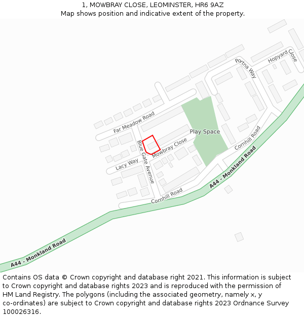 1, MOWBRAY CLOSE, LEOMINSTER, HR6 9AZ: Location map and indicative extent of plot