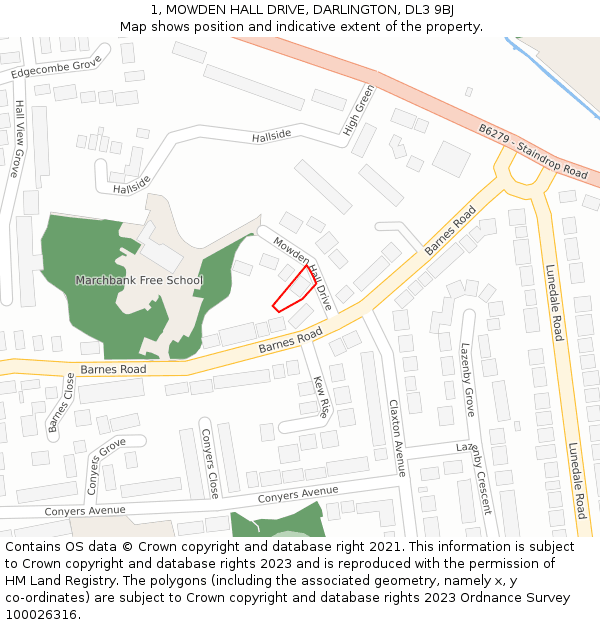 1, MOWDEN HALL DRIVE, DARLINGTON, DL3 9BJ: Location map and indicative extent of plot