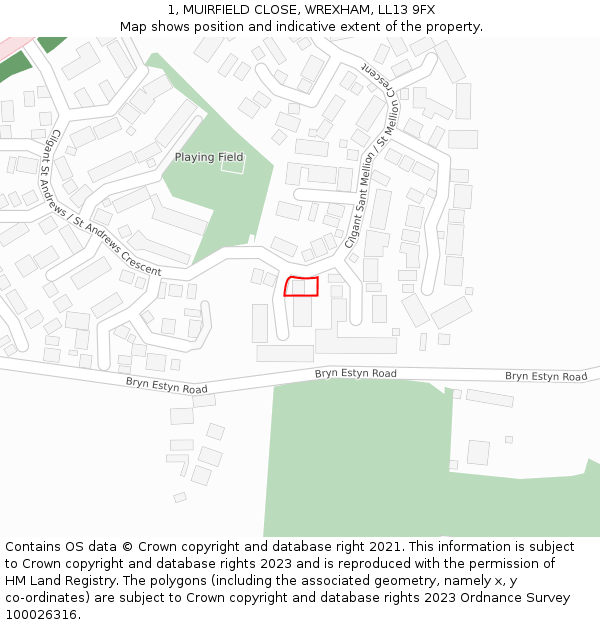 1, MUIRFIELD CLOSE, WREXHAM, LL13 9FX: Location map and indicative extent of plot