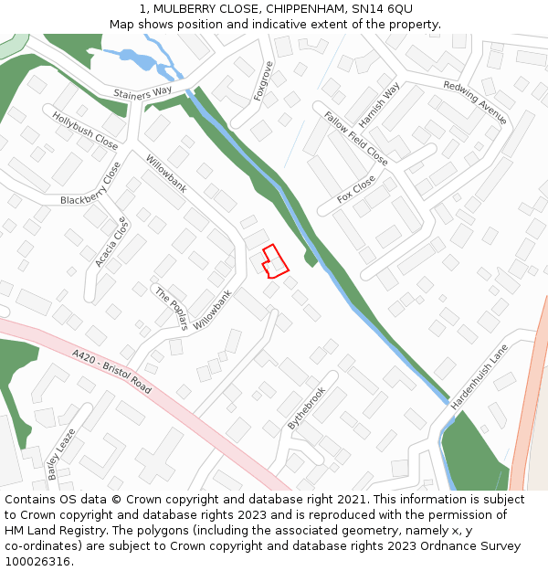 1, MULBERRY CLOSE, CHIPPENHAM, SN14 6QU: Location map and indicative extent of plot