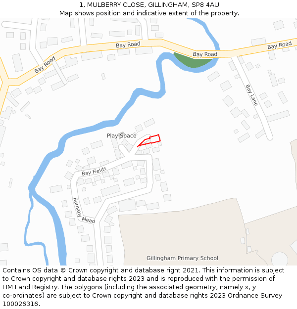 1, MULBERRY CLOSE, GILLINGHAM, SP8 4AU: Location map and indicative extent of plot