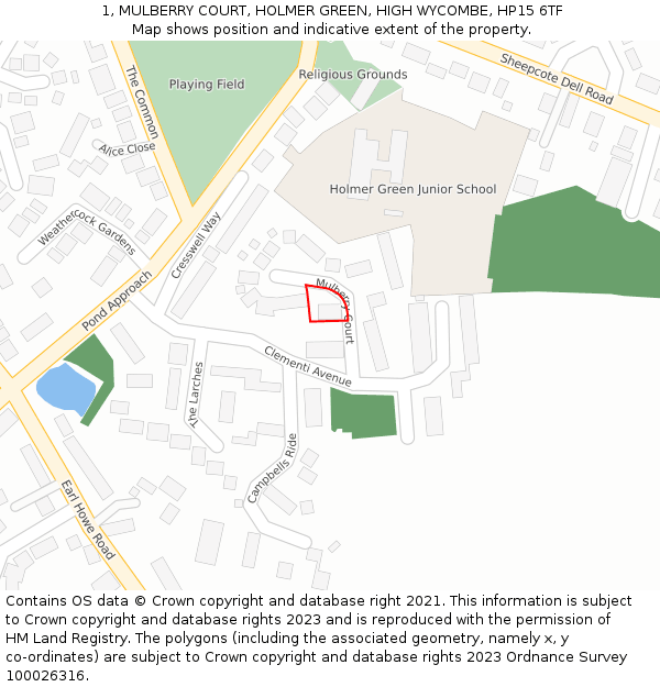 1, MULBERRY COURT, HOLMER GREEN, HIGH WYCOMBE, HP15 6TF: Location map and indicative extent of plot