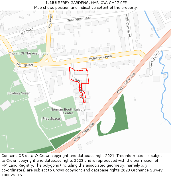 1, MULBERRY GARDENS, HARLOW, CM17 0EF: Location map and indicative extent of plot