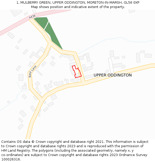 1, MULBERRY GREEN, UPPER ODDINGTON, MORETON-IN-MARSH, GL56 0XP: Location map and indicative extent of plot