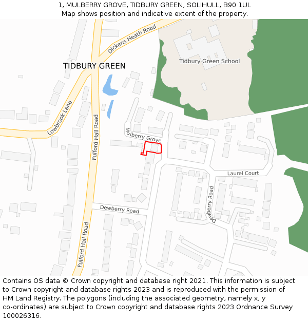 1, MULBERRY GROVE, TIDBURY GREEN, SOLIHULL, B90 1UL: Location map and indicative extent of plot