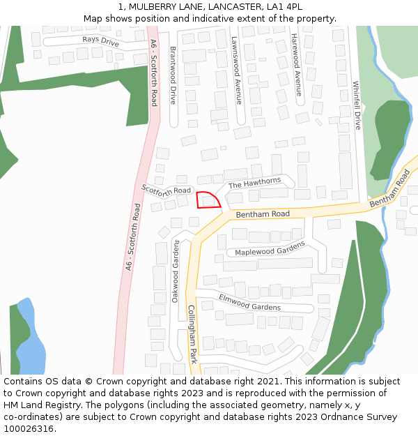 1, MULBERRY LANE, LANCASTER, LA1 4PL: Location map and indicative extent of plot