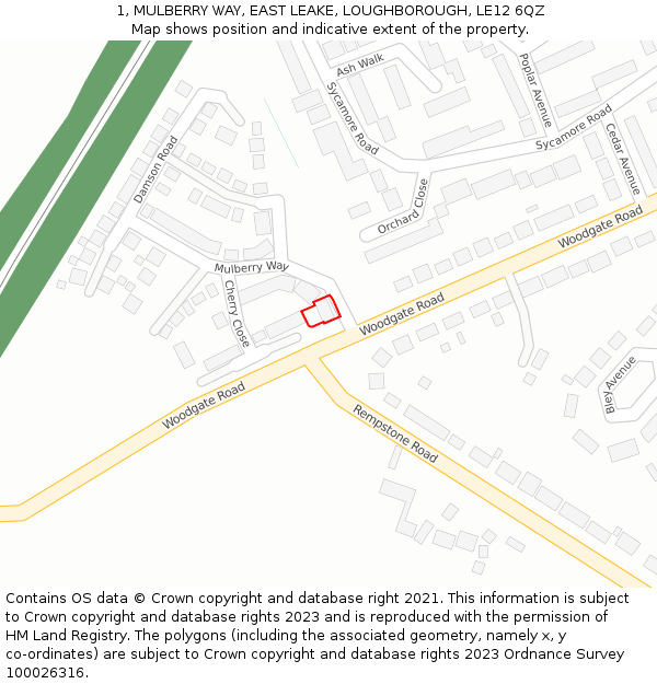 1, MULBERRY WAY, EAST LEAKE, LOUGHBOROUGH, LE12 6QZ: Location map and indicative extent of plot