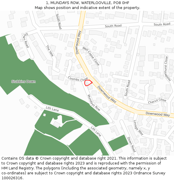 1, MUNDAYS ROW, WATERLOOVILLE, PO8 0HF: Location map and indicative extent of plot