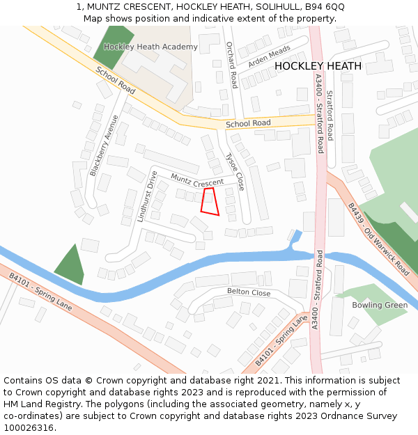 1, MUNTZ CRESCENT, HOCKLEY HEATH, SOLIHULL, B94 6QQ: Location map and indicative extent of plot