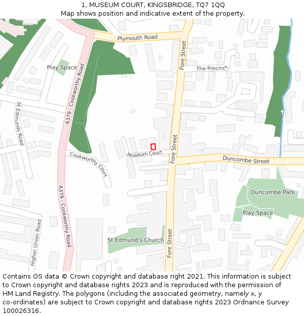 1, MUSEUM COURT, KINGSBRIDGE, TQ7 1QQ: Location map and indicative extent of plot